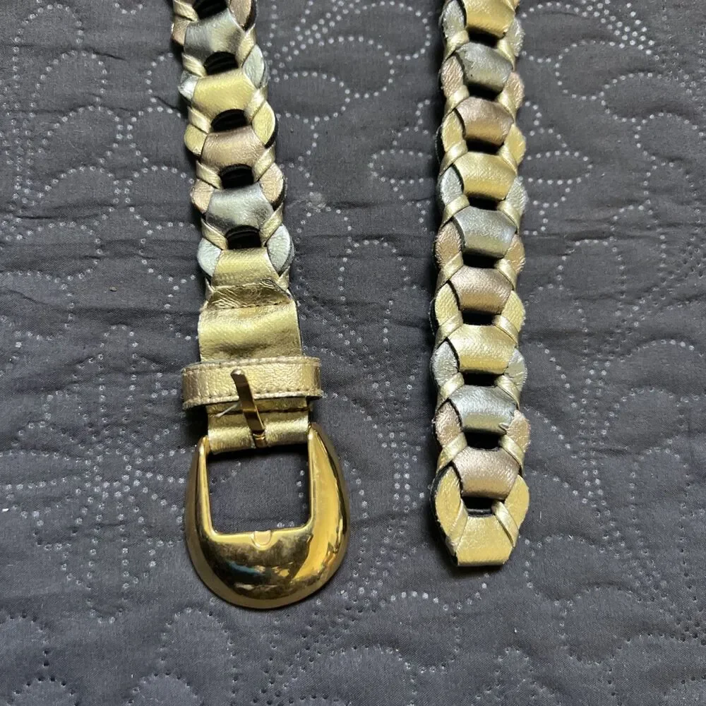 Vintage 70's Belt Adjustable Leather Metallic Glam Wrap Chain Gold Bronze Cream